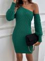 Asymmetrical Neck Cable Knit Sweater Dress