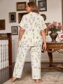 Plus Size Tulip Printed Loungewear Set In Texture Fabric