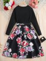 Teenage Girls' Elegant Floral Print Belted Mid-Length Dress With Elastic Waist