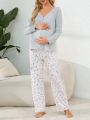 Maternity V-Neck Button Front Top And Small Floral Print Pants Pajama Set