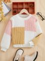 SHEIN Tween Girls Color Block Cable Knit Sweater