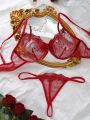 Burgundy Butterfly Decor Embroidered Sheer Sexy Lingerie 2pcs/set