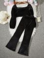 SHEIN Kids Nujoom Tween Girls Elegant & Romantic Ruffle Hem Top And Bell Bottoms Two Piece Set