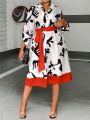 SHEIN Slayr Plus Size Printed Half Sleeve Dress With Waist Belt