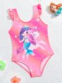Baby Girl Unicorn Print Ruffle Trim One Piece Swimsuit