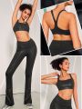 GLOWMODE Foiled Leather Effect Square Neck Y-back Sports Bra Stitch-Free Construction