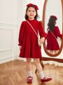 SHEIN Kids KDOMO Little Girl's Fitted College Stand-collar Long-sleeved A-hem Dress