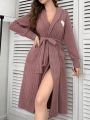 Solid Color Home Wear Robe Decorated With Heart-Shaped Embroidery