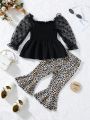 Baby Girls' Stylish Romantic Mesh Long Sleeve Top & Leopard Flare Pants 2pcs/Set For Spring & Autumn