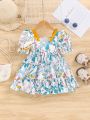 SHEIN Baby Girls' Casual Cute Flower Pattern Short Sleeve Dress With Ruffled Hem