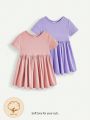 Cozy Cub Baby Girls' Solid Color Round Neck Short Sleeve A-Line Dress With Waistband, 2pcs/Set