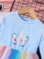SHEIN Kids EVRYDAY Little Girls' Unicorn Print Tulle Splice Dress