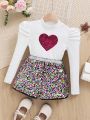SHEIN Kids Cooltwn Girls' Knitted Love Heart & Sequin Embellished Long Sleeve T-Shirt + Shorts Casual Set