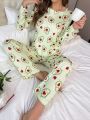 Women's Green Avocado Printed Pajama Set With Round Neckline