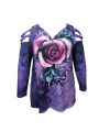 Plus Size Women's Floral Printed Cold Shoulder T-Shirt