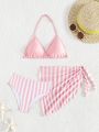 3pcs/Set Cute Striped Bikini Swimwear Set For Tween Girls