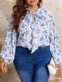 SHEIN Frenchy Plus Size Full Floral Print Blouse With Ruffled Neckline, Tie And Lantern Sleeves