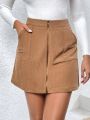 Corduroy Skirt With Slant Pockets And Zipper Front