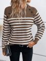 Striped Pattern Button Detail Raglan Sleeve Sweater