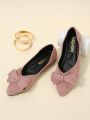 Women's Fashionable Plus Size Pointed Toe Comfortable Pink Bow Detail Slip-on Flat Shoes