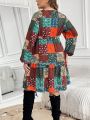 SHEIN LUNE Plus Size Women's Patchwork Printed Lantern Sleeve Dress