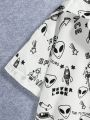 SHEIN Alien & Letter Print Short Sleeve Shirt