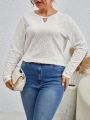 SHEIN Frenchy Hollow Out Embroidery Pure Color Plus Size Shirt With Keyhole Collar