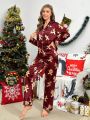 Christmas Gingerbread Man Print Contrast Piping Satin PJ Set