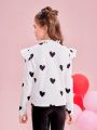 SHEIN Kids FANZEY Big Girls' Love Heart Print Short Flying Sleeve Tee With Frilled Collar