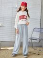 SHEIN Kids EVRYDAY Teen Girls' Loose Fit Color Block Split Hem Casual Jogger Pants