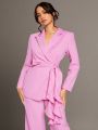 SHEIN BAE Valentine's Day Pink Twill Ruffled Belted Waist Gathered Pleated Long-Sleeved Blazer