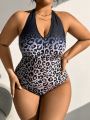 SHEIN Swim SXY Plus Size Women'S Leopard Print Halter One-Piece Swimsuit