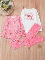 SHEIN Kids Nujoom Funny Pizza Patterned Compression Home Wear Set For Tween Girls