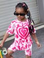 SHEIN Kids EVRYDAY Young Girl 2pcs/Set Casual Tie-Dye Heart Pattern T-Shirt And Shorts