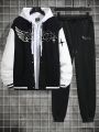 Men Plus Letter Graphic Striped Trim Jacket & Sweatpants Without Hoodie