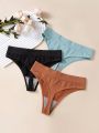 3pcs Letter Patched Detail Ribbed Knit Panty