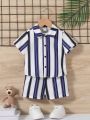 SHEIN Baby Boy Striped Short Sleeve Shirt And Shorts Casual Holiday Outfit