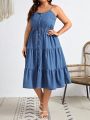 SHEIN VCAY Plus Size Women'S Casual Loose Fit High Waist Denim Cami Dress In College Style