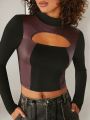 SHOP STYLE Colorblock Cut Out Mock Neck Crop Top