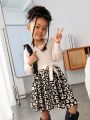 SHEIN Kids Cooltwn Girls Fashionable Street Knitted Round Neck Patchwork Floral Long-sleeved Dress