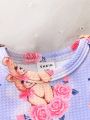 SHEIN Infant Baby Girls' Cute Cartoon Bear & Flower Print Short Sleeve Dress For Newborns