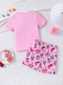 Young Girls' Cute Candy Pattern Tight Fitting Short Sleeve T-Shirt And Shorts Homewear