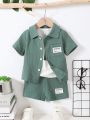 Toddler Boys' Casual Texture Fabric Embroidered English Print Shirt And Shorts Set For Outdoor Activities