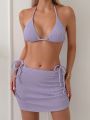 3pcs/set Purple Bubble Trim Bikini Swimsuit