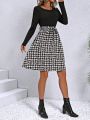 SHEIN LUNE Women'S Houndstooth Patchwork Long Sleeve Dress