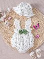Fresh & Elegant Lace Patchwork Infant Bodysuit And Hat, Perfect For Spring/Summer Holidays