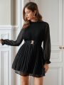 SHEIN Frenchy Pleated Ruffle Sleeve Dress With Belt