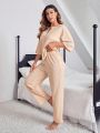 Solid Color Notched Collar Loose Fit Casual Home Wear Set