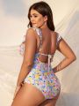 SHEIN Swim Mod Plus Size One-piece Swimsuit With Flower Print And Ruffle Trim