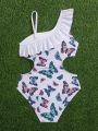 Girls' One Piece Butterfly Printed Swimsuit With Hollow Out Waist & Lotus Edge Neckline